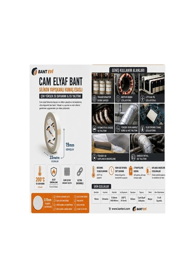Cam Elyaf Bant 19mmx33m Silikon Yapışkanlı 200°C Isıya Dayanıklı Kumaş Esaslı Bez Bant -