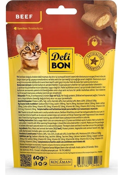Delibon Crunchy İçi Dolgulu Bisküvi Sığır Etli Kedi Ödülü 60 G