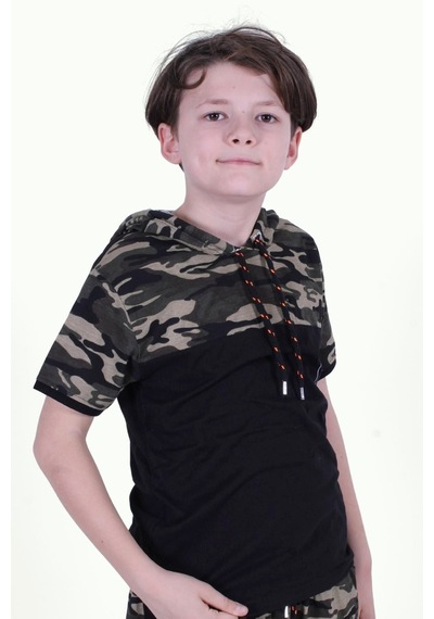 Panios Kids Kapşonlu Kamuflaj Desen Erkek Çocuk T-shirt Haki Yeşil