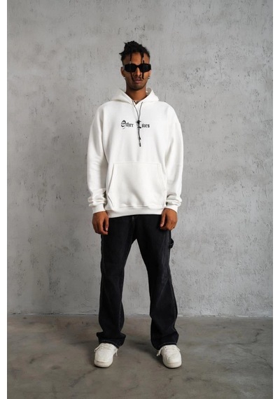 Assema Erkek Kapşonlu Sweatshirt Oversize Üç İplik Şardonlu Other Lives Ön Arka Baskılı - Beyaz Çok Renkli