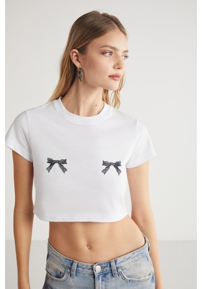 Ethıquet  Krım Kadın Kurdele Baskı Detaylı %100 Organik Pamuklu Bisiklet Yaka Crop Beyaz T-shirt