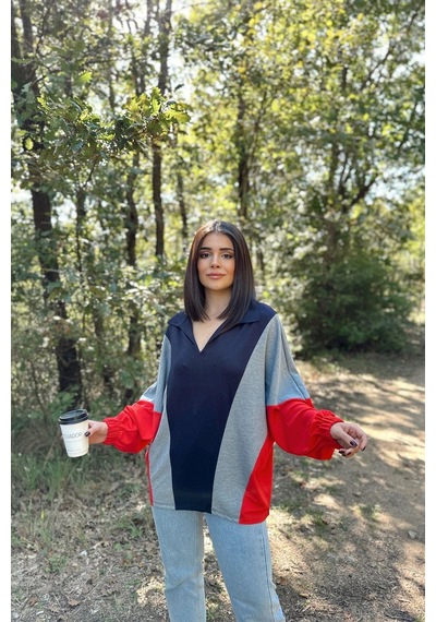 WeShaya Kadın Lacivert Polo Yaka, Yarasa Kol, Lastikli Manşet, Asimetrik Color Block, Salaş Sweatshirt Bluz Lacivert