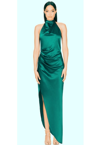 Hanife Glam Couture Hanife Glam Halter Yaka Asetat Saten Elbise Zümrüt