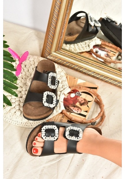 Fox Shoes Siyah Çift Tokalı Taşlı Kadın Terlik K777604809