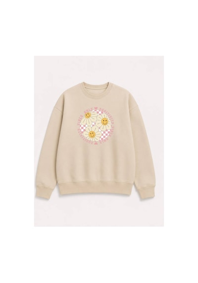 Herkesemoda Gülen Yüzler Emoji Baskılı 2 İplik Şardonlu Bisiklet Yaka Sweatshirt Bej