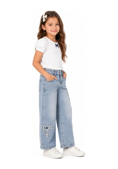 İrem Kız Çocuk Kurdele Detaylı Geniş Paça Model Bel Lastik Ayarlamalı Mavi Renk Kot Pantolon İrem Kız Çocuk Kurdele Detaylı Geniş Paça Model Bel Lastik Ayarlamalı Mavi Renk Kot Pantolon