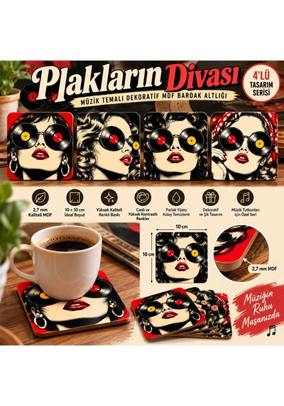 Plakların Divası Temalı Dekoratif Mdf Bardak Altlığı 10x10 Cm Çok Renkli