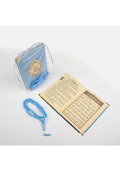 Gül Kokulu Tesbih + Yasin Hediye Seti Çanta Boy, Lafzatullah, Tül Keseli, Bebe Mavi
