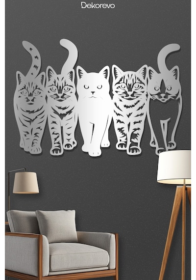 Kedi Çetesi Beşli Kedi Silüeti Metal Duvar Dekoru - Metal Duvar Sanatı - Gümüş - 75 X 50 Cm