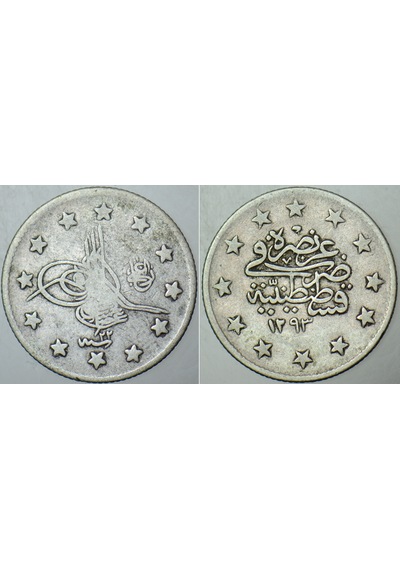 Sultan Iı. Abdülhamid Gümüş 2 Kuruş 1293/22. Kostantiniyye Darbı. Osmanlı İmparatorluğu.