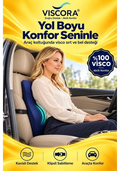 Araba Sırt Minderi Ofis Koltuk Sırt Minderi Ergonomik %100 Visco Klipsli Destek Yastığı, Lacivert