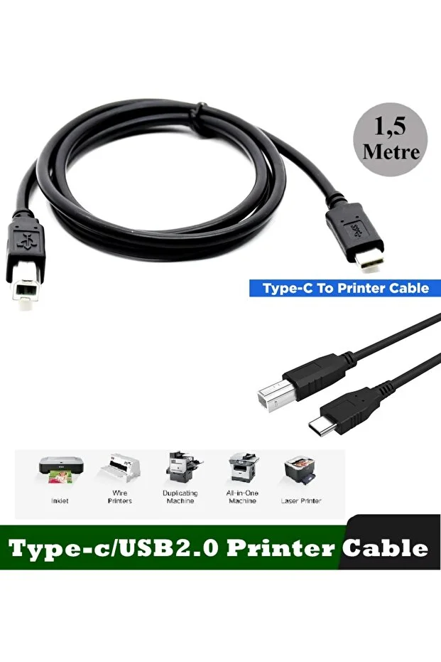 1.5 Metre Typec To Usb Printer Kablo MacBook Hp Canon Samsung Uyumlu Yazıcı Ara Kablosu Telefon Laptop Için 1.5m