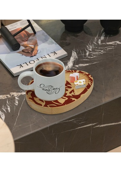 Kişiye Özel Retro Motif Tasarımlı Doğal Ahşap Tabaklı Türk Kahvesi Fincanı Sunum Seti Model 2