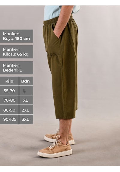 Duxa %100 Pamuk Keten Dokulu Beli Lastikli ve Bağcıklı Erkek Rahat Kalıp Bol Kesim Günlük Ev Dış Spor Yazlık Baharlık Giyim Diz Altı Uzun Büyük Beden Kapri Bermuda Şort Pantolon Eşofman Altı Haki