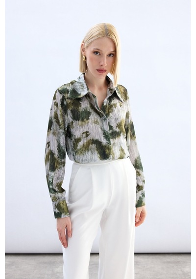 Sateen Desenli Gömlek - Haki-136913 haki