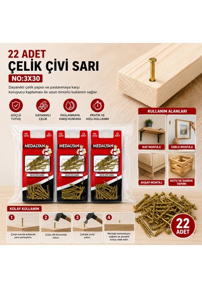 Medalyan Dl-71 Çelik Çivi 3x30 Sarı - 22 Adet- 12'li Paket Diğer