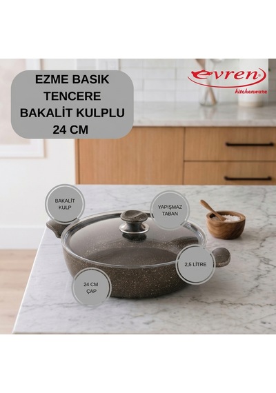 20 Cm Gold Stone Ezme Seri Granit Basık Tencere, Non-stick Pilav Karnıyarık Tencere 1,7 Lt Bakalit Kulplu 24 Cm