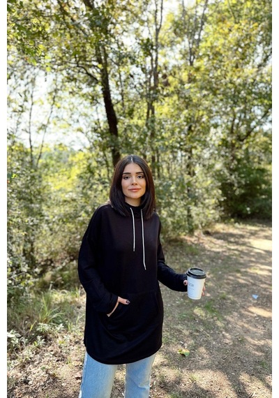 WeShaya Kadın Siyah Uzun Kol, Yakası Bağcıklı, Kapüşonlu, Kanguru Cep, Salaş, Uzun Tunik Sweatshirt Siyah