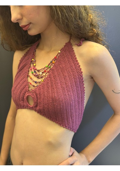 Gönülden Tasarım El Örgüsü Boncuk Kolyeli Kadın Büstiyer Crop Pembe