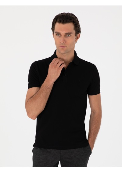 Siyah Slim Fit Polo Yaka Pamuklu Basic T-shirt