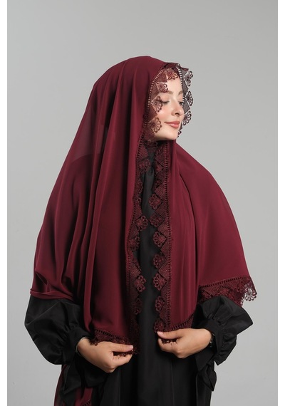Hürrem Bone Bordo Namaz Başörtüsü Şal Şifon Güpürlü 202106 16 Bordo