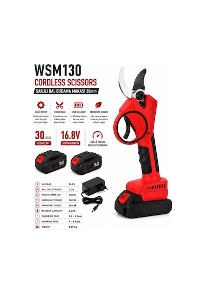 Algaride Wedo Wsm130 16.8v Şarjlı Akülü Dal Budama Makası 30mm Kesim Kapasiteli 2.0ah Lityum Bataryalı Güçlü Ve Ergonomik Budama Makinesi