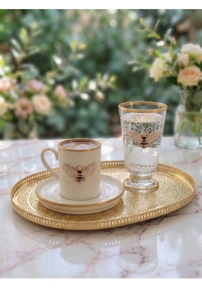 Queen Bee 2 Kişilik Dekorlu Kahve Yanı Su Bardaklı Kadehli 6 Parça Kahve Fincan Takımı Krem
