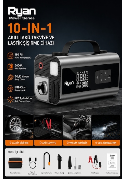 10in1 Akü Takviye Cihazı 2000a 150 Psı Dijital Lastik Şişirme Kompresörü Powerbank Led Fener Ry-p10