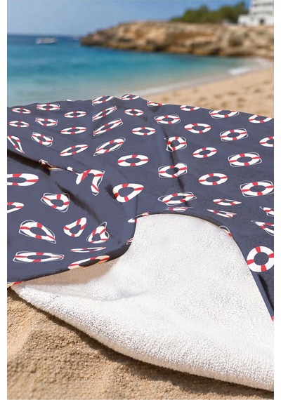 Marine Simit Lacivert Plaj Havlusu - Nautical Kırmızı Beyaz Hızlı Kuruyan Mikrofiber Havlu Eski İncir