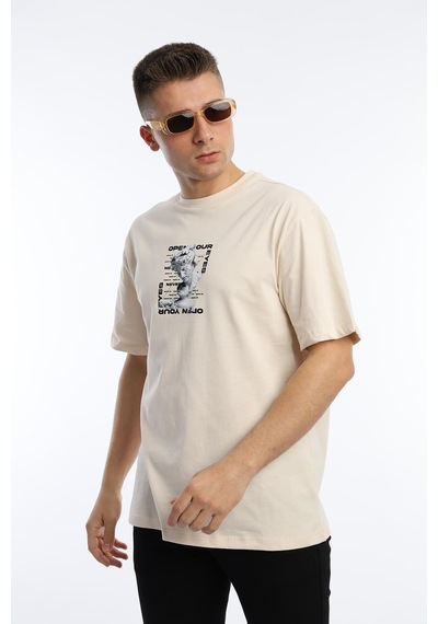 Erkek Oversize Fit Open Your Eyes Baskılı Tişört Ekru