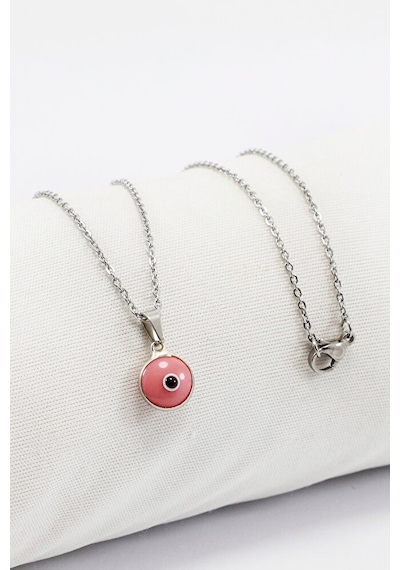 Çerçeveli Pembe Nazar Boncuklu Bijuteri Kolye Çelik Zincir 60 Cm Çok Renkli