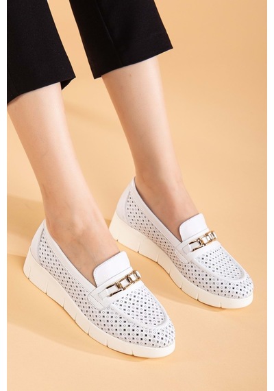 Analin Shoes Kadın Hakiki Deri Günlük Lazerli Tokalı Rahat Ayakkabı Beyaz