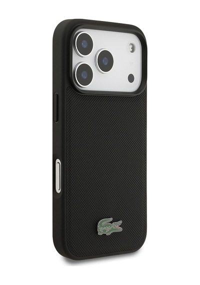 Apple Uyumlu iPhone 18 Pro Kılıf Lacoste Lisanslı M-safe Şarj Özellikli Pu Pike Desenli Metal Logolu Kapak Siyah