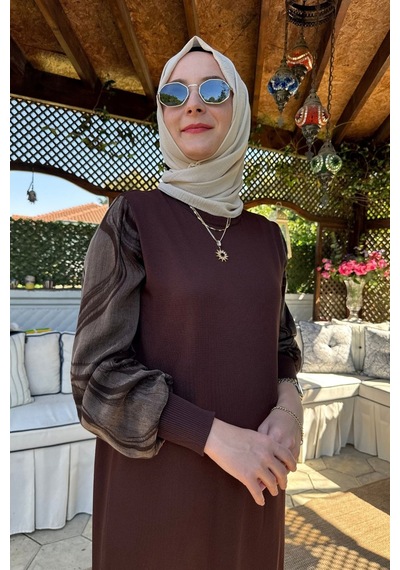 Rabia Şamlı Ebru Cupra Detaylı Triko Elbise Acı Kahve Normal