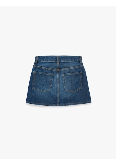 Koton Pamuklu Cepli Düğmeli Mini A Kesim Denim Etek Orta İndigo 6sal70025md