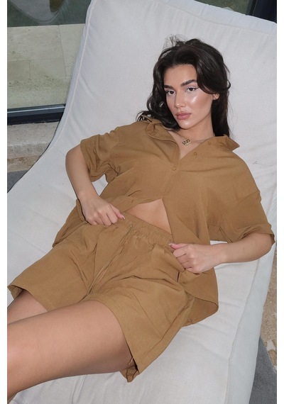 Madmext Camel Basic Kadın Şort Gömlek Takım Mg2361