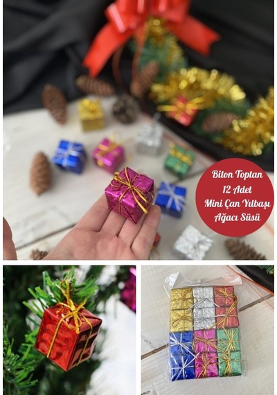 12 Adet Hediye Paketi Renkli Noel Yılbaşı Çam Ağacı Süsü 3 Cm