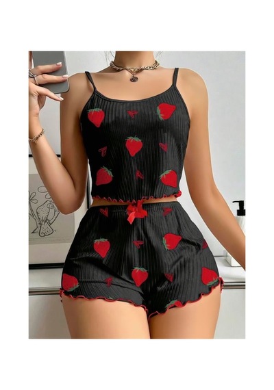 Red Womans Pamuklu Siyah Üstüne Çilek Desen Fitilli Askılı Şortlu Pijama Tak