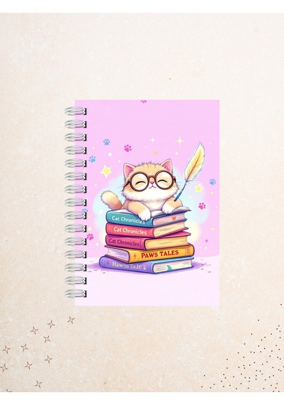 Sevimli Kedi Ve Kitap Desenli Defter 60 Yaprak / 120 Sayfa Çizgisiz Tel Spiralli Çok Renkli