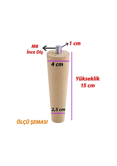 Ahşap Ayak 15 Cm 2'li Set M8 Civatalı Bağlantı Aparatlı Dolap Mobilya Koltuk Kanepe Destek Ayağı Aya Diğer
