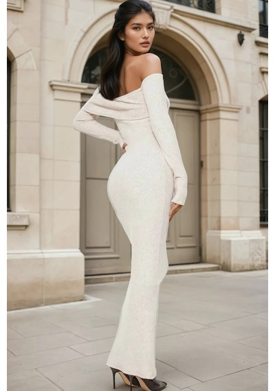 Hiccup Omzu Açık Bodycon Ribana Maxi Elbise Natural