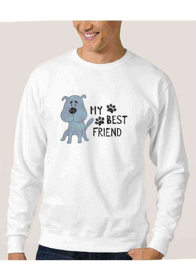 My Best Friend Baskılı Beyaz Erkek Örme Sweatshirt (528370528)