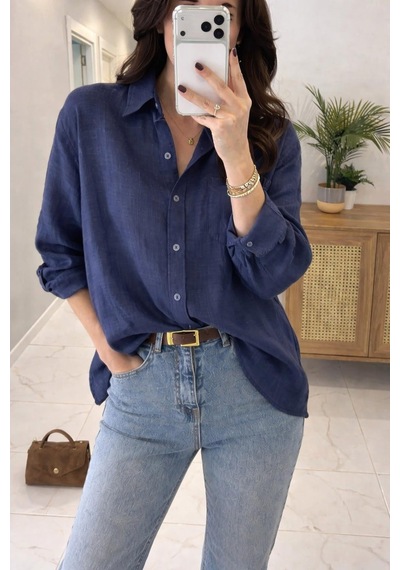 Lijuri Siyah Oversize Keten Gömlek 3510 Lacivert