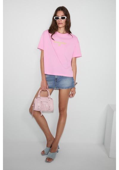 Grımelange Fıneste Kadın Yumuşak Kumaşlı %100 Organik Pamuklu Baskı Detaylı Pembe T-shirt