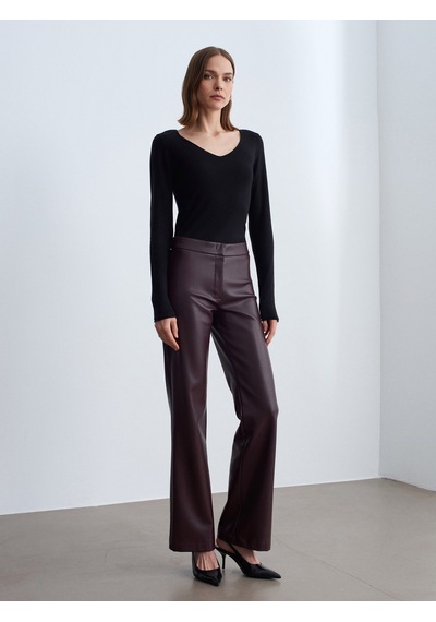 Dilvin 72237 Suni Deri Çan Paça Pantolon-bordo Bordo
