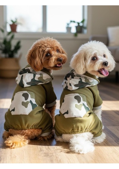 Kamuflaj Desenli Köpek Tulumu Kapüşonlu Pamuklu Polar Kumaş Haki Yeşil Küçük Irklar İçin