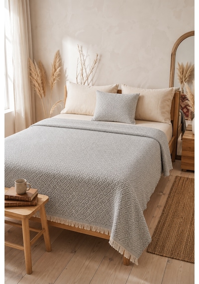 Dokuma Pike Çiftkişilik 200x220 Çok Amaçlı Bohem Yatak Örtüsü Gri