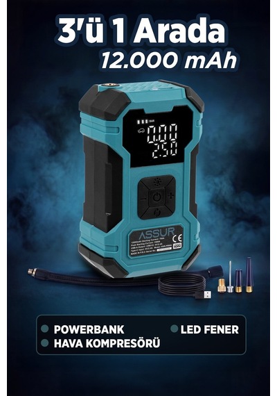Assur 12000MAH Oto Kompresör Powerbank Led Işık - 3253