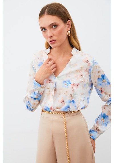 Sateen Desenli Kruvaze Bluz - Mavi-135215 Mavi