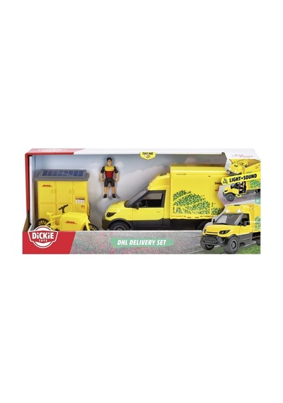 203747020 Dickie Dhl Delivery Set Freewheel Delivery Vehicle Packaging Statio